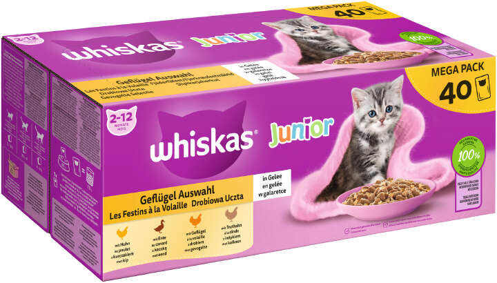 whiskas Katzen-Nassfutter Portionsbeutel Multipack Junior Geflügel Auswahl in Gelee 40x85g